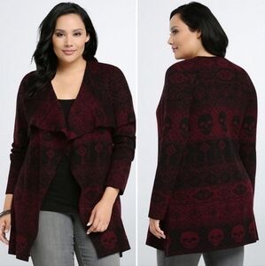 Torrid Burgundy Skull Fair Isle Drape cardigan size 4